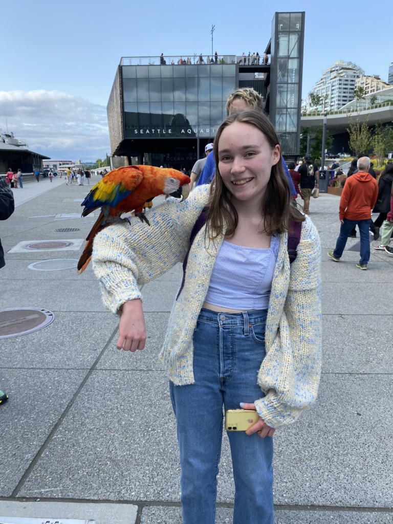 A girl in a city with a colorful bird on her shoulder.