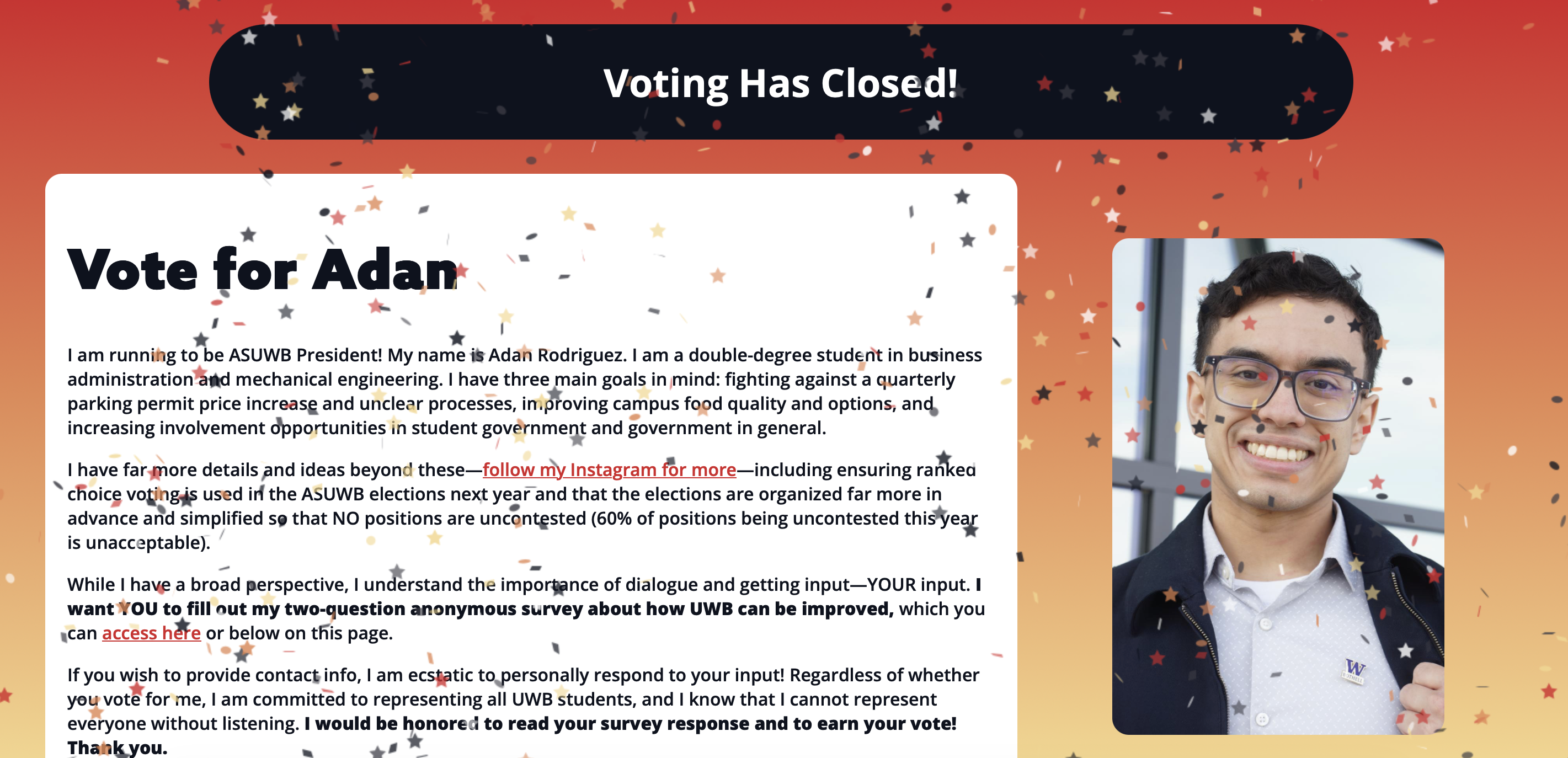 A campaign website with a sunset colored gradient, information, and pictures.