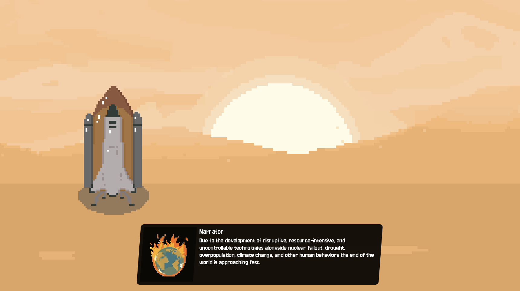 A game screen with pixelated art of a rocket in a desert landscape. A dialogue box shows a fiery Earth.