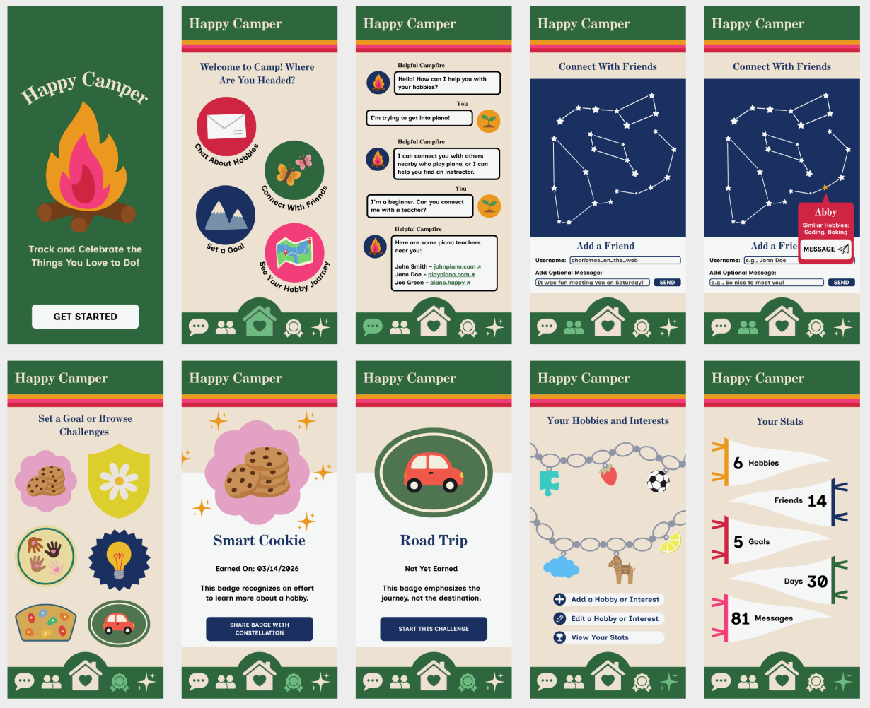 10 app screens with a cute summer camp theme. Constellations, charm bracelets, badges, and lots of forest green.