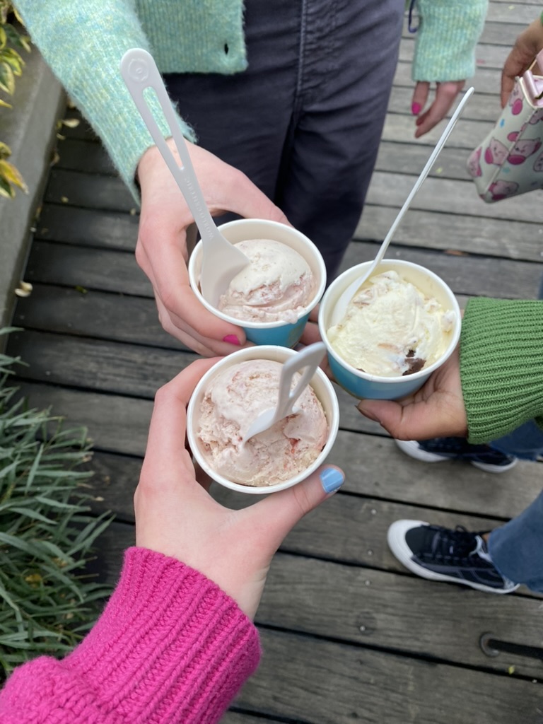 Three cups of ice cream, two strawberry and one mint brownie.