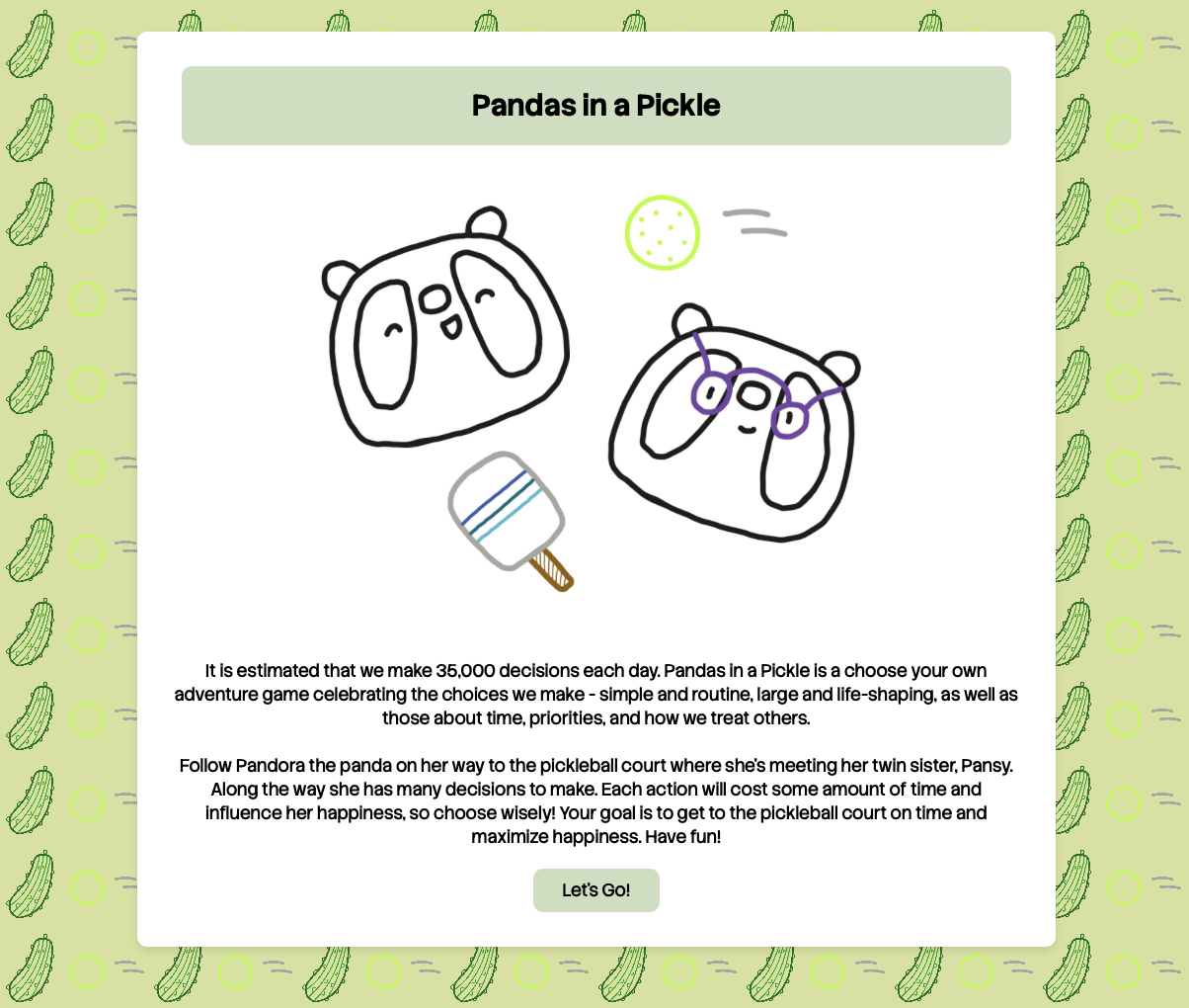 A start screen with doodles of pandas, pickle balls, and pickles.