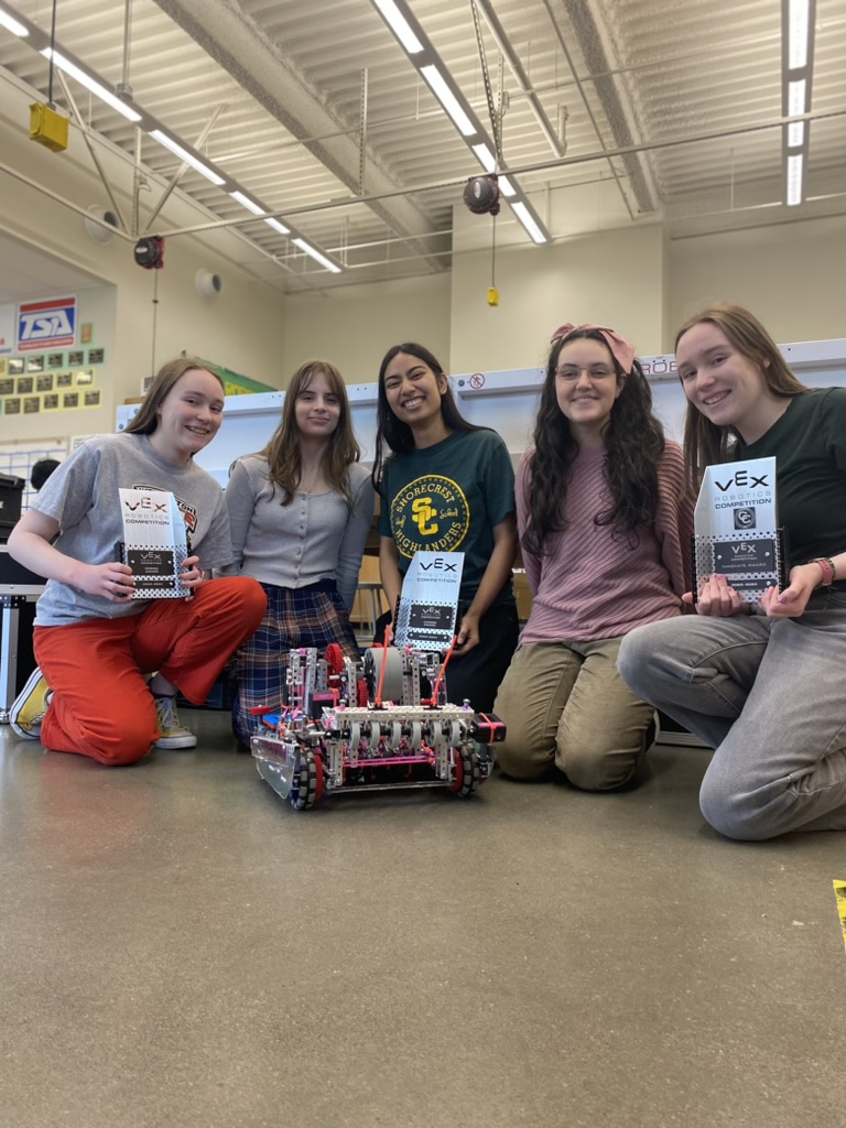 Five girls sitting around their robot, three of them holding trophies.