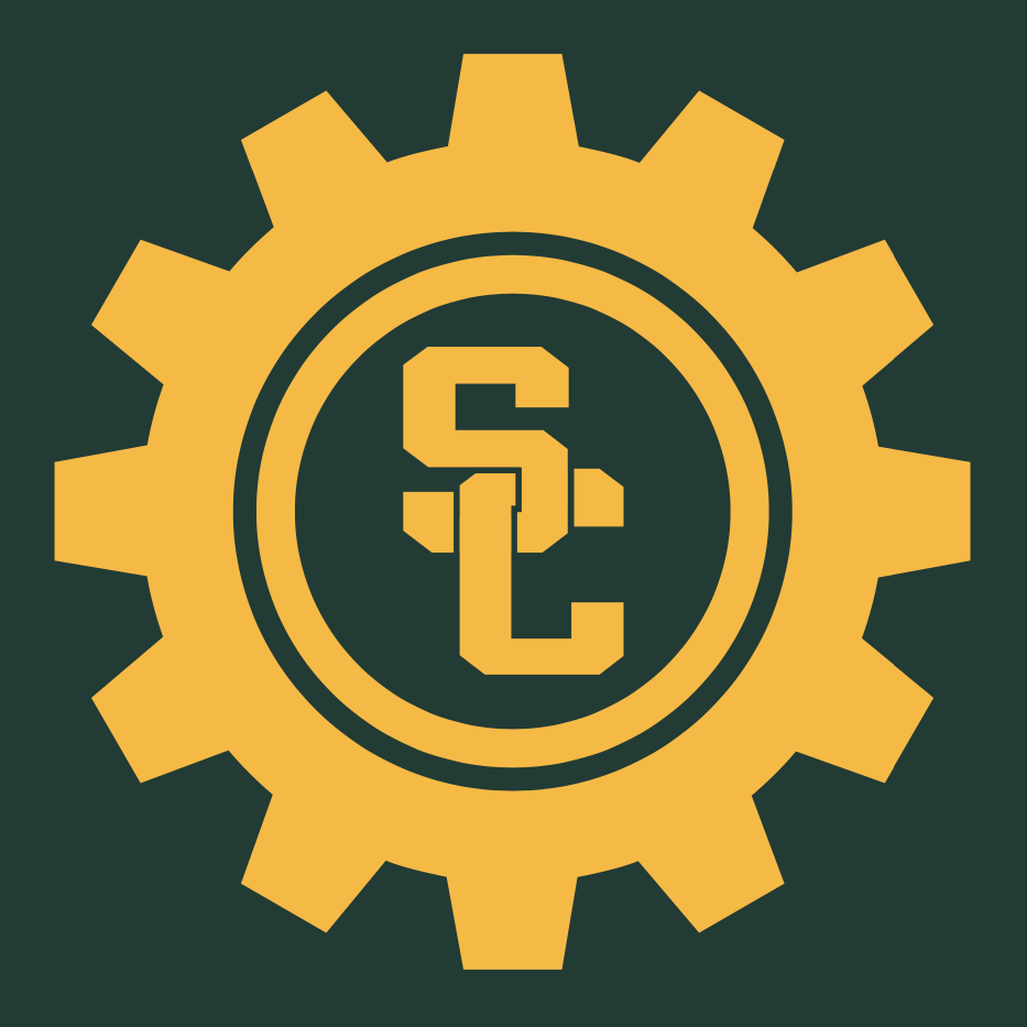 A gold gear with a green SC in the center over a forest green background.