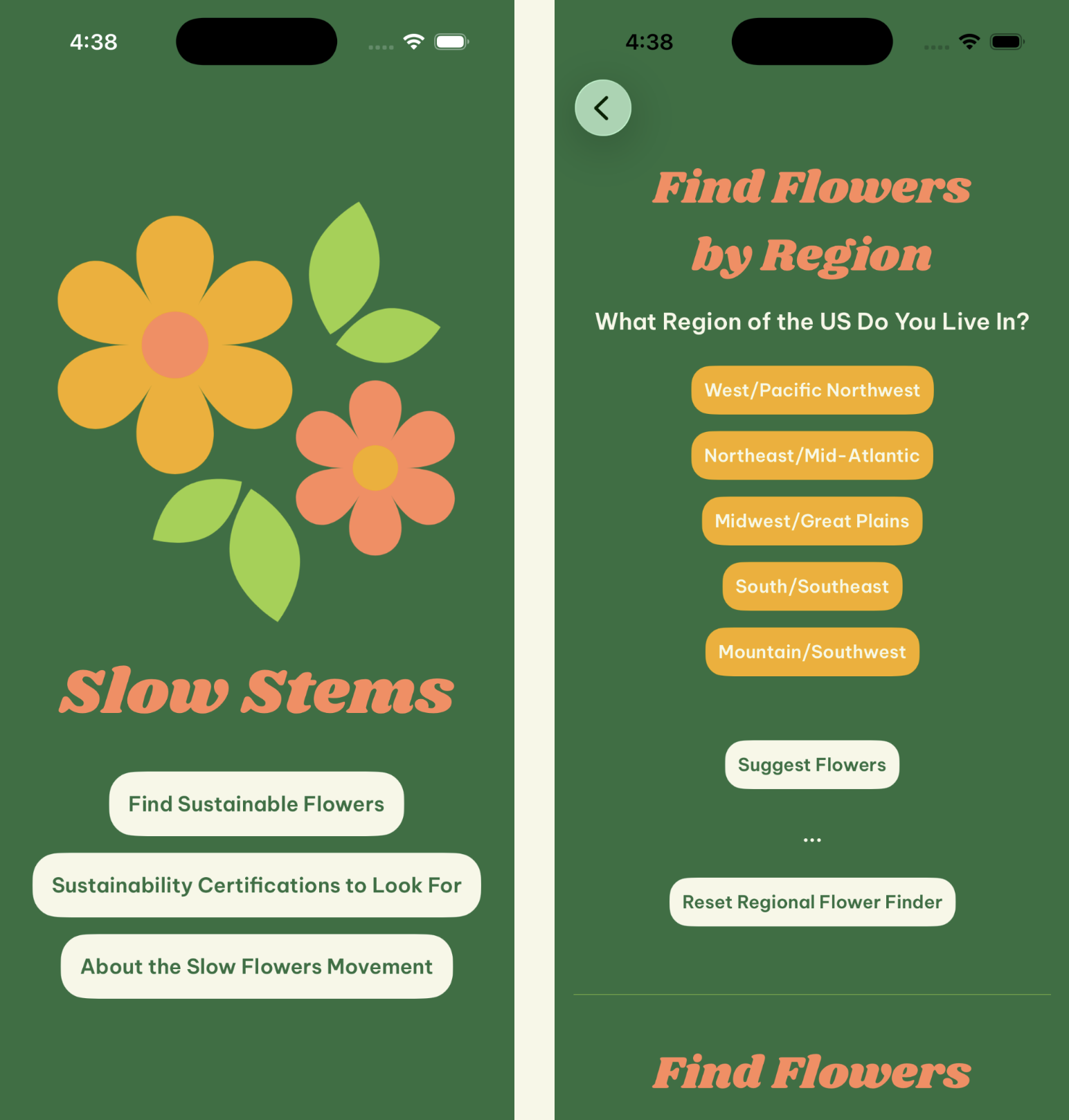 Two green app screens. The left screen has flowers and three navigation buttons. The right screen has a flower finder form.