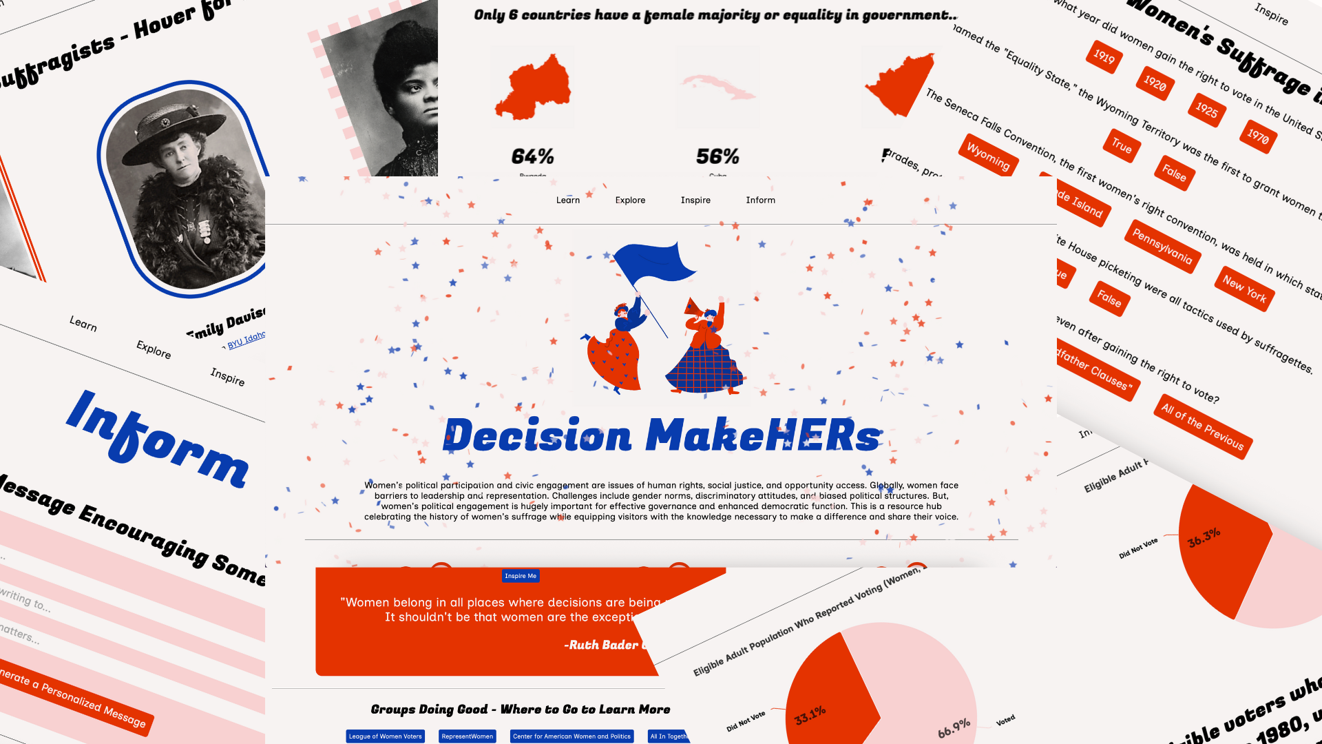 A collage of screens from a cream, red, pink, and blue website.