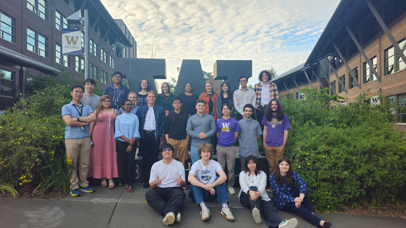 Three rows of students stand for a group picture in front of a big W.